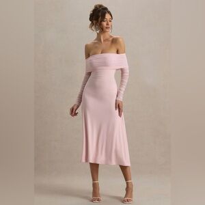 Club L London Off-Shoulder Long Sleeve Midi Dress in Light Pink